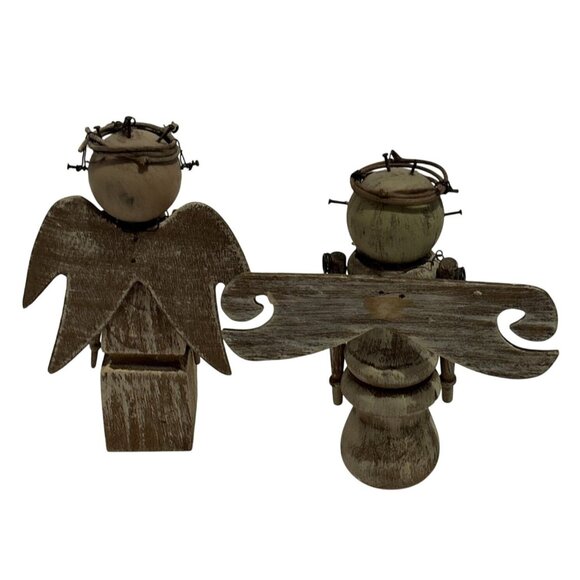 Handcrafted Wooden Angel Brown Figurines Set Of 6 Piece Rustic Finish Halos 4" - Picture 3 of 16